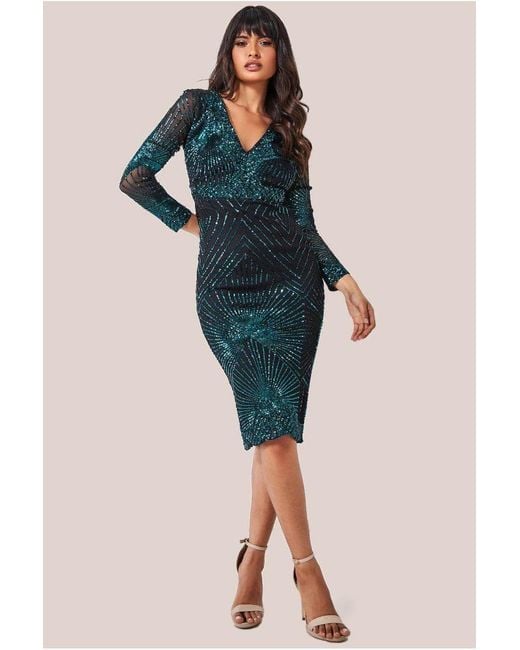 Goddiva Green Scalloped Hem Starburst Midi Dress