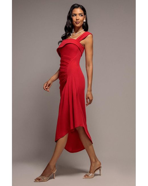 Goddiva Red Off Shoulder Pleated Waist Asymmetric Midaxi Dress
