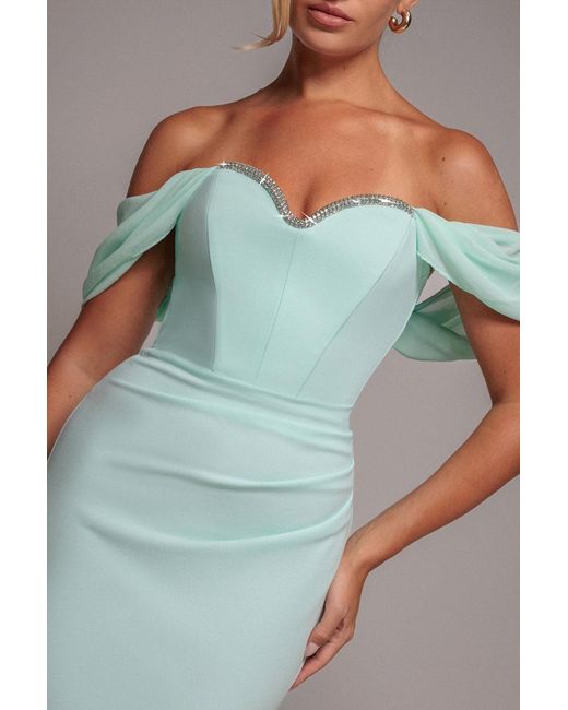 Goddiva Blue Off The Shoulder Draped Sleeve Maxi Dress With Diamante Neckline