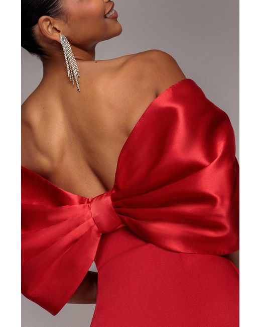Goddiva Red Off Shoulder Back Satin Bow Scuba Mini Dress