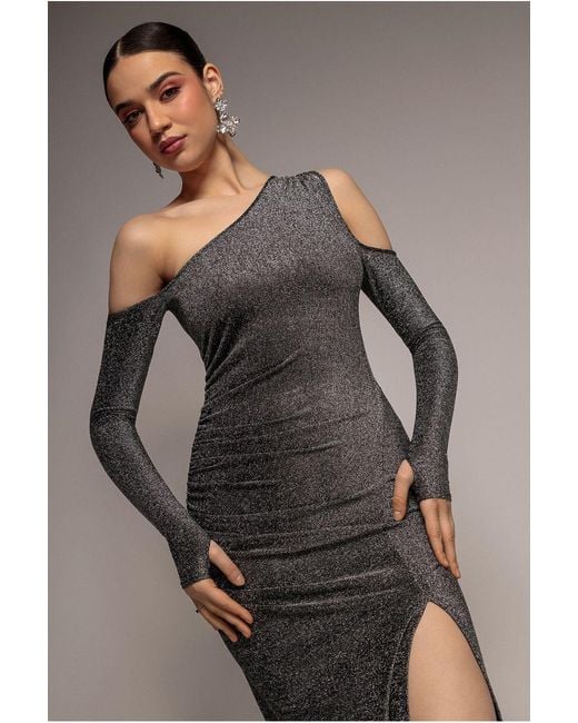 Goddiva Metallic Cold Shoulder Lurex Maxi With Thigh Split