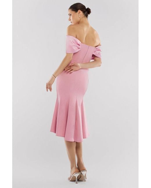 Goddiva Pink Twist Knot Satin & Scuba Bardot High Low Midi Dress