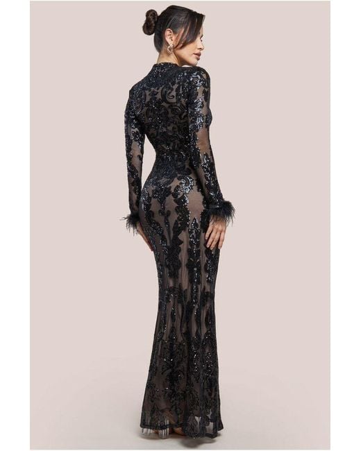 Goddiva Purple Sequin High Neck Feather Cuff Maxi Dress
