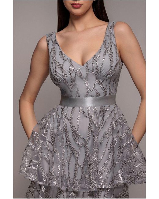Goddiva Gray Embroidered Mesh Tiered Midi Dress