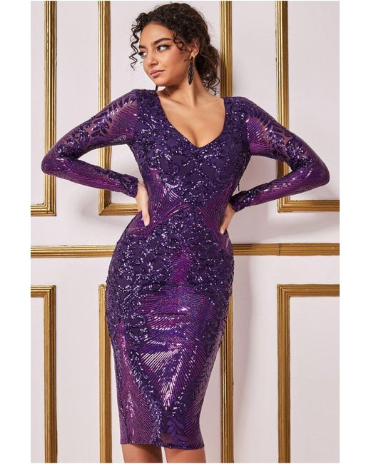 Goddiva Contrast Sequin Long Sleeve Midi Dress in Purple | Lyst