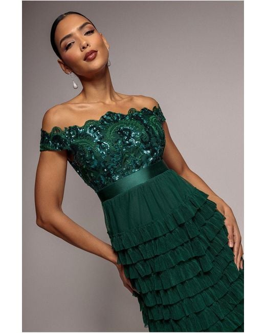 Goddiva Green Scallop Bardot Ruffle Mesh Maxi