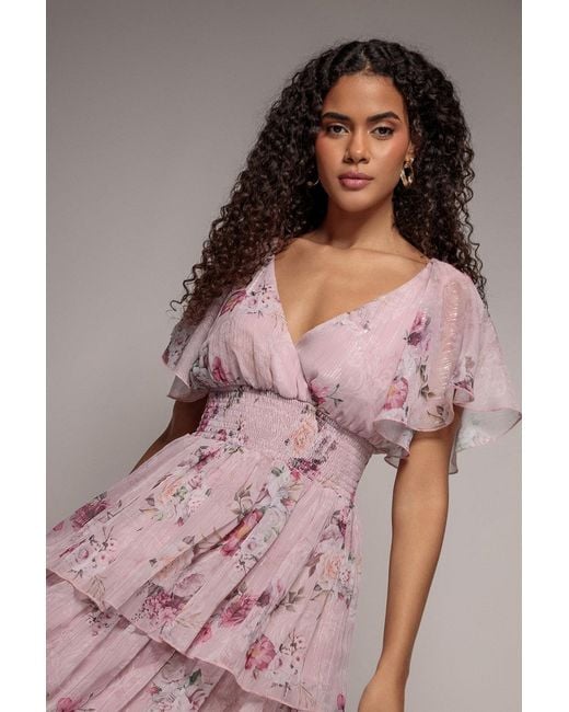 Goddiva Pink Layered Floral Midi With Flutter Sleeves