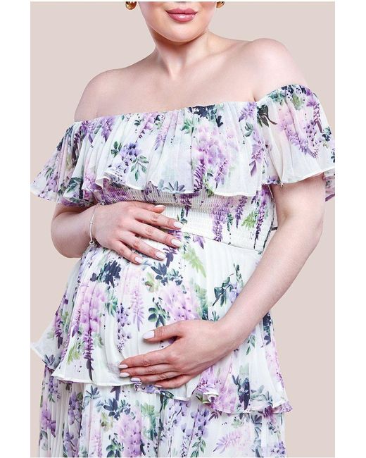 Goddiva Pink Maternity Shirred Chiffon Floral Bardot Midi Dress