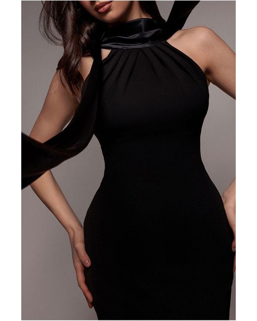 Goddiva Black Satin Multi-Tie Halterneck Maxi Dress