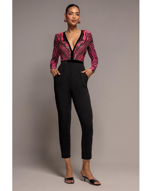 Goddiva Multicolor Deep V Neck Sequin Embroidered Jumpsuit