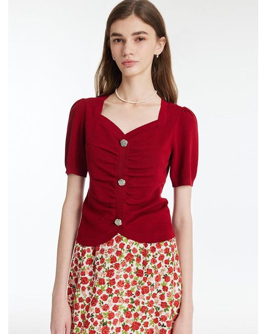 GOELIA Red Tencel-Silk Blend Ruched Knit Top With Rose Shaped Button