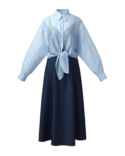 GOELIA Blue Lyocell Blend Crop Shirt And Denim Strap Maxi Dress Two-Piece Set