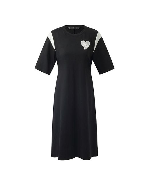 GOELIA Black Color Block Sequined Heart T-Shirt Midi Dress