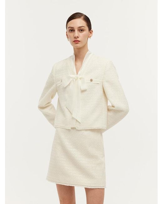 GOELIA Natural Tweed Bow Tie Neck Jacket And Mini Skirt Two-Piece Set