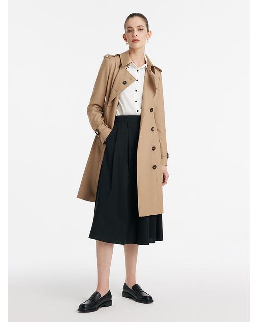 GOELIA Natural Worsted Wool Gathered Waist Double-Breasted Trench Coat