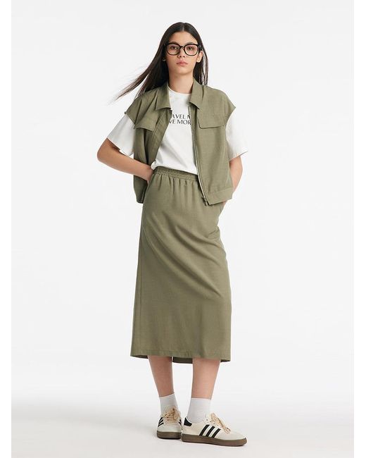 GOELIA Green Zippered Lapel Vest And Slit Half Skirt Two-Piece Set