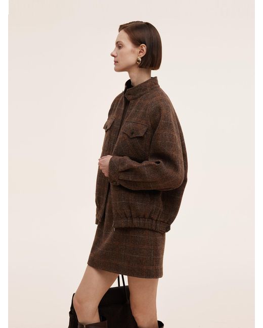 GOELIA Brown 100% Wool Plaid Zip-Up Jacket