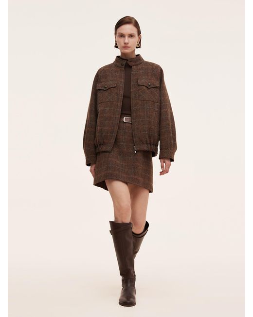 GOELIA Brown 100% Wool Plaid Zip-Up Jacket