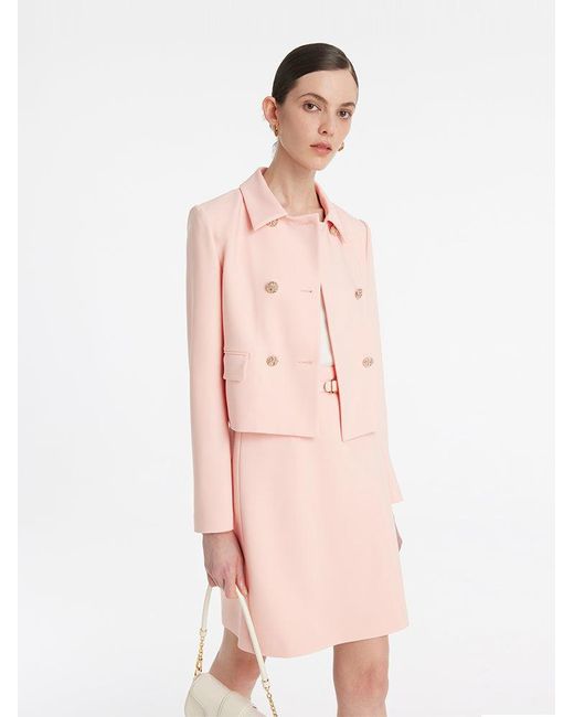 GOELIA Pink Worsted Wool Double-Breasted Crop Jacket And Skirt Two-Piece Suit