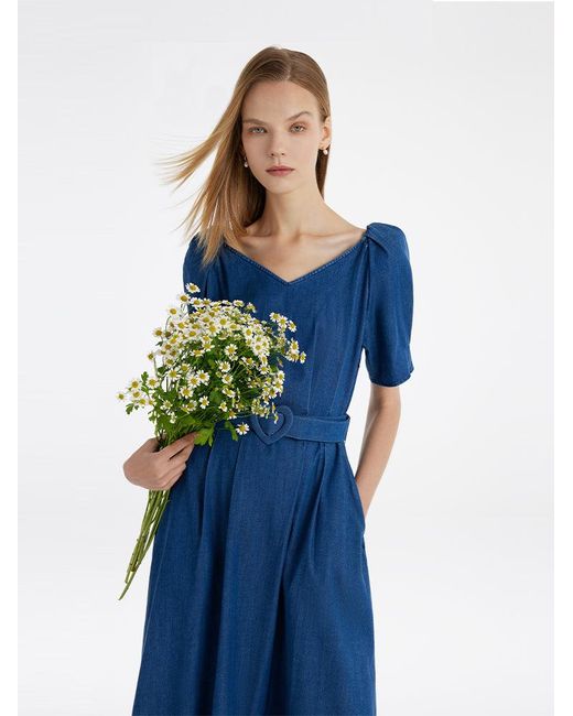 GOELIA Blue Denim Midi Dress With Heart-Shaped Buckle Belt