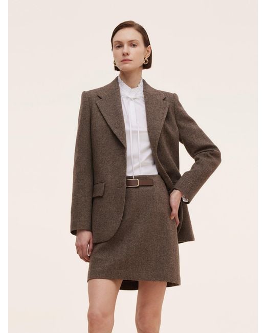 GOELIA Brown 100% Washable Wool Gathered Waist Blazer