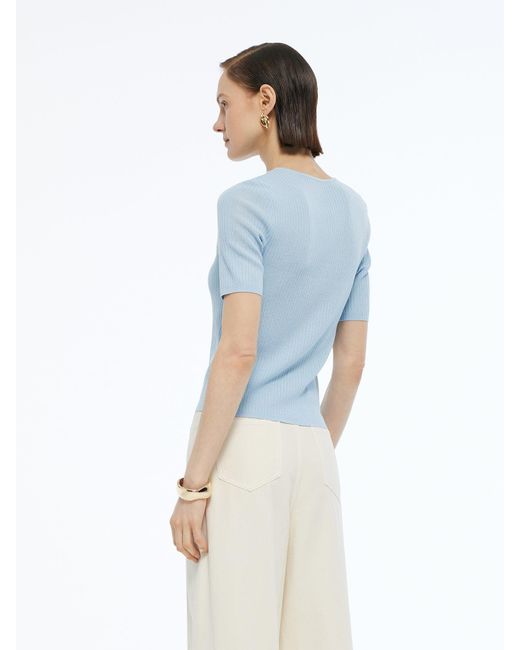 GOELIA Blue Lyocell Blend Drawstring Patchwork Knit Top