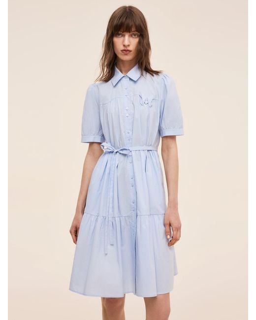 GOELIA Blue 100% Cotton Puff Sleeve Mini Dress With Ribbon