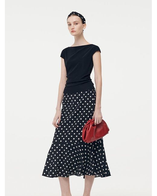 GOELIA White Acetate Knit Top And 16 Mm Mulberry Slik Polka Dots Skirt Two-Piece Set