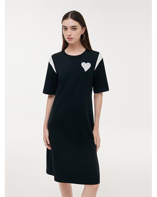 GOELIA Black Color Block Sequined Heart T-Shirt Midi Dress
