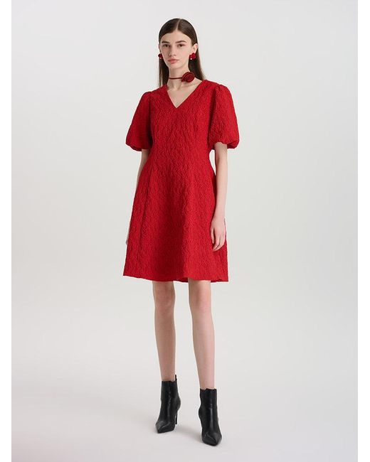 GOELIA Red Jacquard V-Neck Mini Dress With 3D Rose Belt