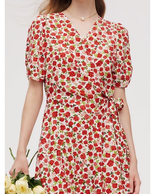 GOELIA Red Tencel And Linen Blend Rose Print Midi Dress