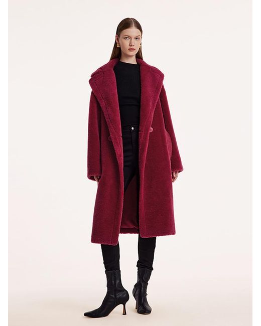 GOELIA Red Teddy Lamb Wool Lapel Oversized Coat