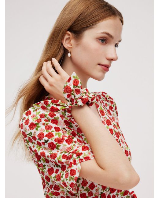 GOELIA Red Tencel And Linen Blend Rose Print Midi Dress