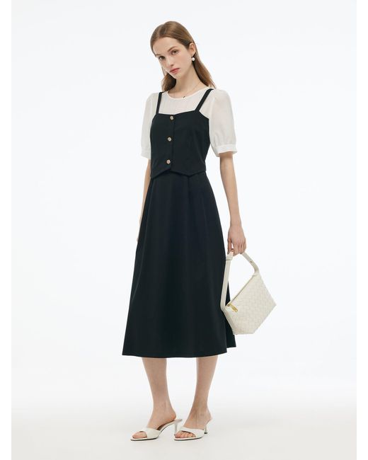 GOELIA Blue Tencel Blend Mock Layered A-Line Maxi Dress
