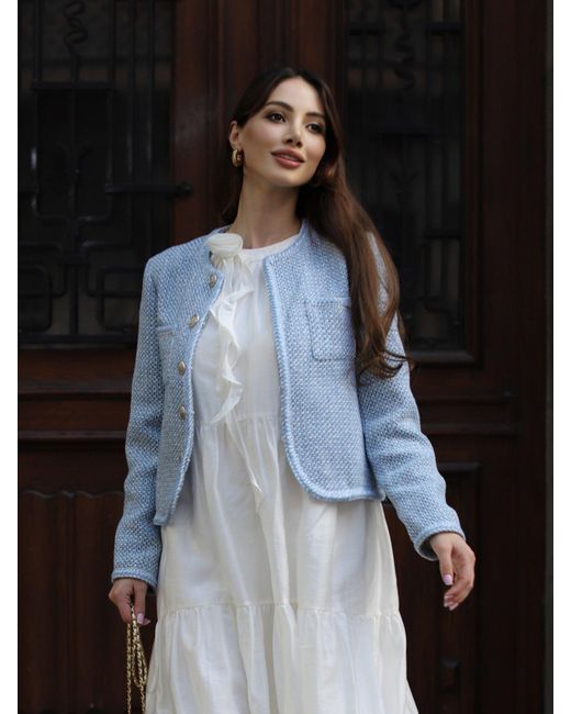 GOELIA Blue Single-Breasted Round Neck Jacket
