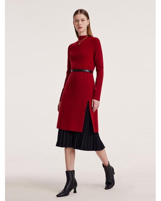 GOELIA Red Mock Neck Long Sweater And Wool Pleated Skirt Two-Piece Set