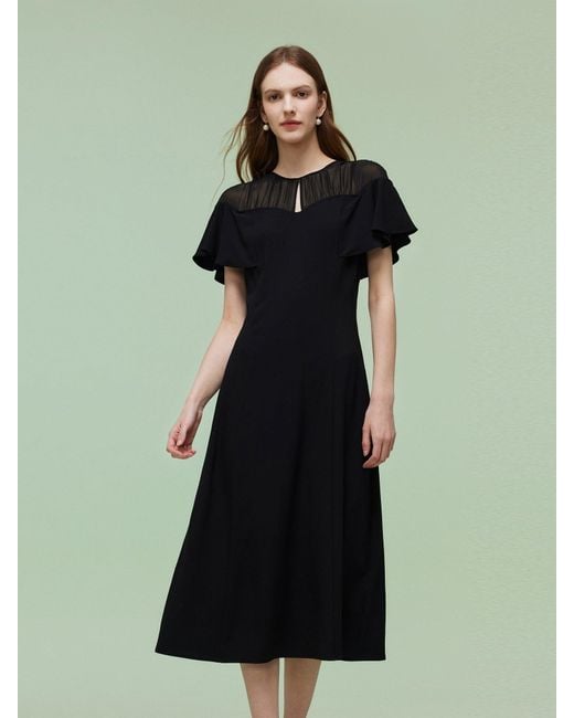 GOELIA Green Acetate Blend Patchwork Sheer Shoulder Midi Dress