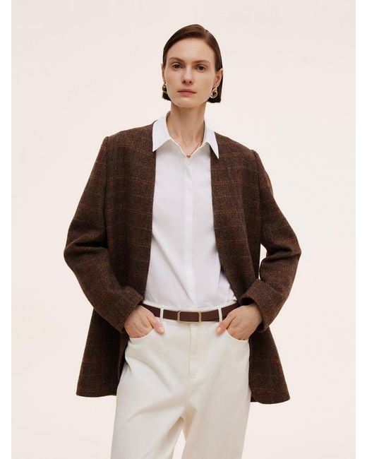 GOELIA Brown [Preview] 100% Wool Plaid Collarless Blazer