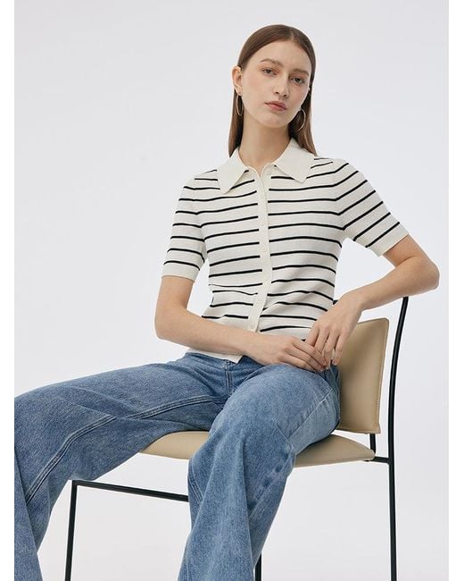 GOELIA Gray Tencel Stripe Short Sleeve Cardigan