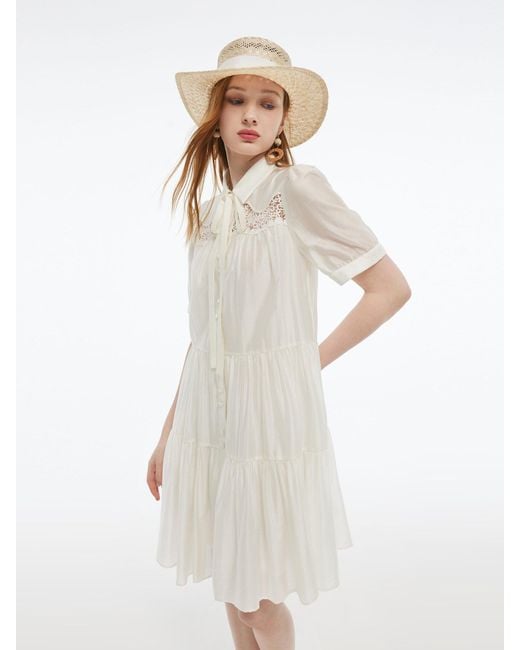 GOELIA White Tencel Blend Tiered Mini Dress With Ribbon