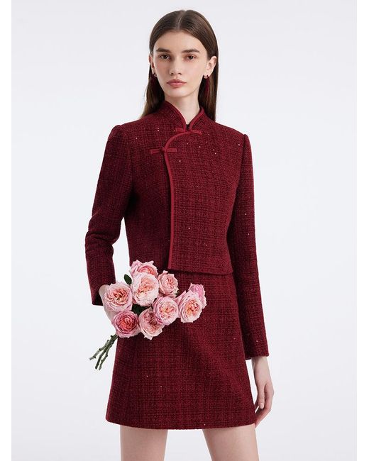 GOELIA Red New Chinese-Style Mandarin Collar Crop Jacket And Skirt Two-Piece Set