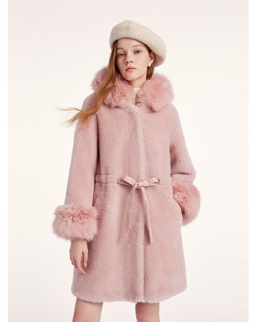 GOELIA Pink Mid-Length Ruched Velour Coat With Adjustable Ties