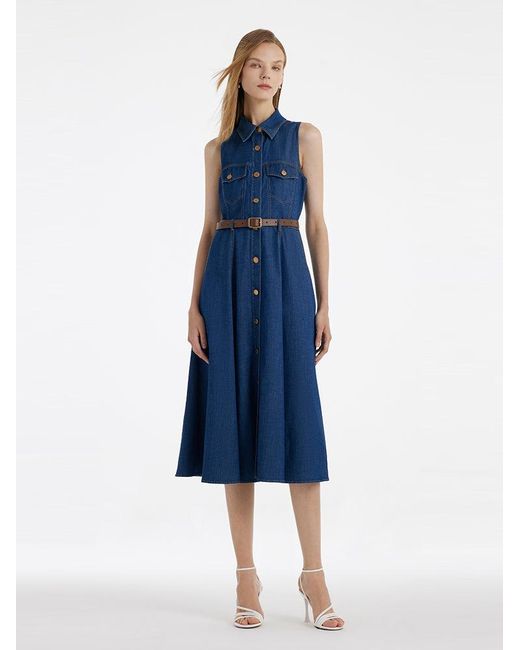 GOELIA Blue Denim Lapel Midi Vest Dress With Belt