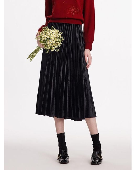 GOELIA Black Velvet Pleated Half Skirt