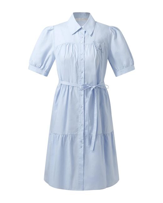 GOELIA Blue 100% Cotton Puff Sleeve Mini Dress With Ribbon