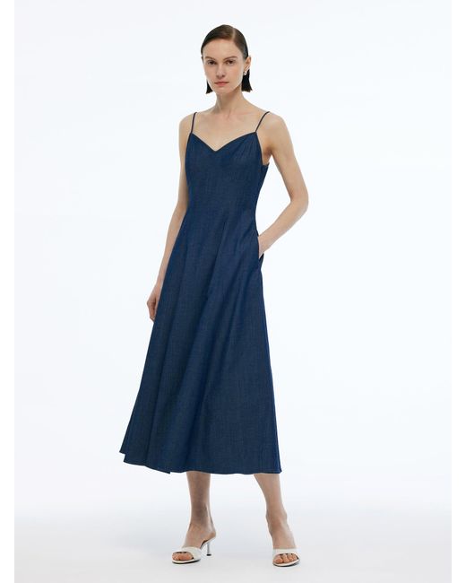 GOELIA Blue Lyocell Blend Crop Shirt And Denim Strap Maxi Dress Two-Piece Set