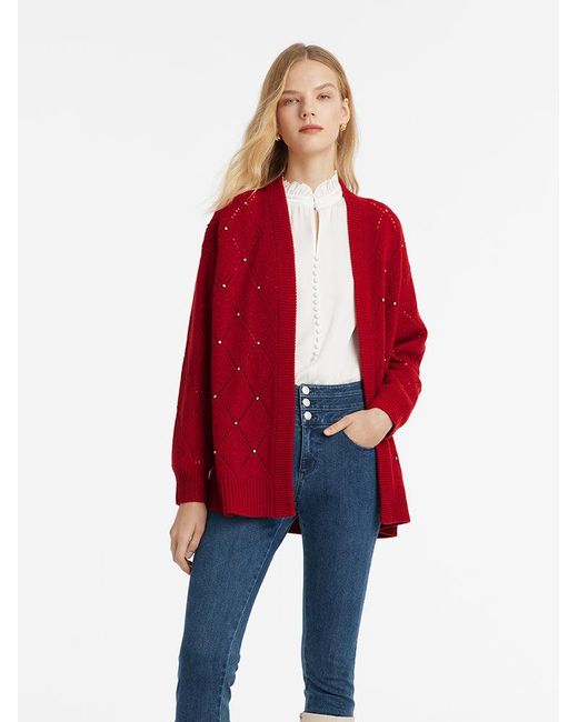 GOELIA Red Wool Sequins Bead Knitted Cardigan