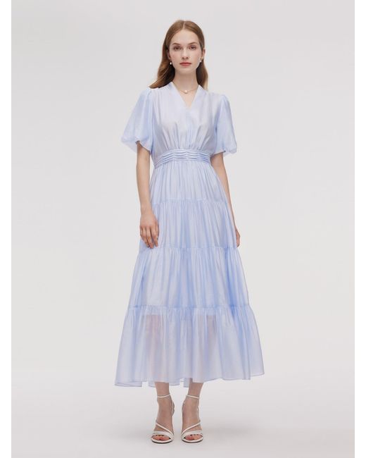 GOELIA Purple A-Line V-Neck Pleated Tiered Maxi Dress