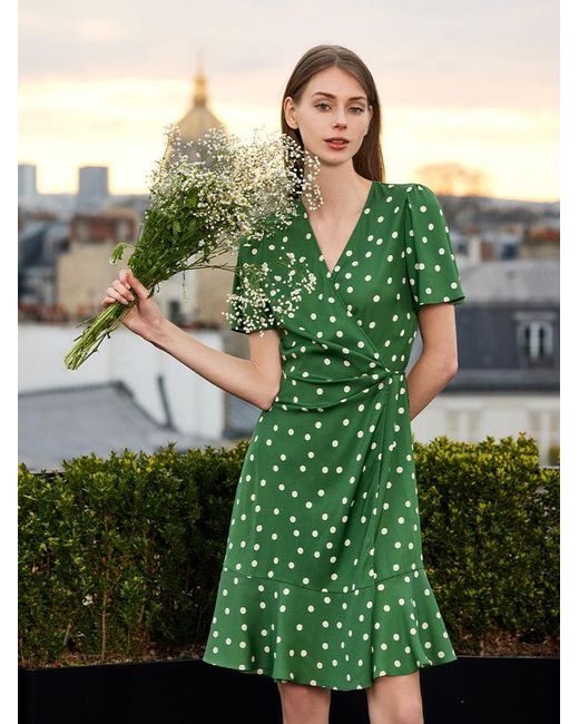GOELIA Green 19 Momme Mulberry Silk Polka Dots Printed Ruffle Mini Dress With Scrunchie