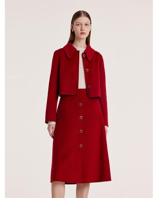 GOELIA Red Tencel Wool Crop Jacket And Half Skirt Suit